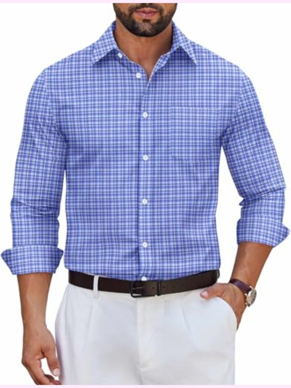 Men's Long Sleeve Plaid Button Down Cotton Dress Shirt Wrinkle Free